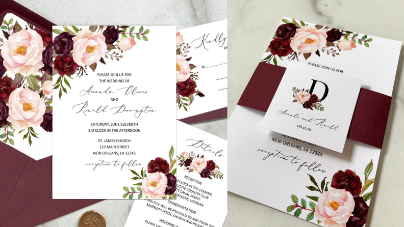A collection of floral wedding invitations.