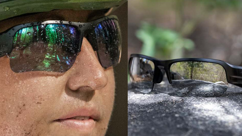 On left, person wearing sunglasses covered in dirt and water droplet. On right, Bose Frames.