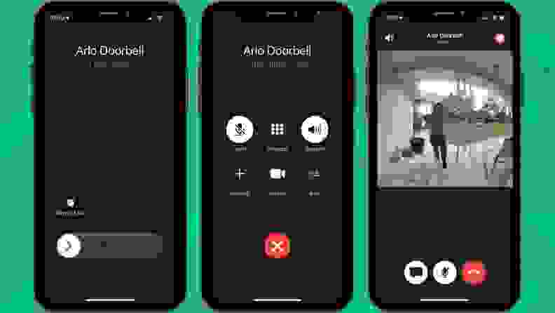 Screenshots of the Arlo Wire-Free Essential Doorbell view from the Arlo app.