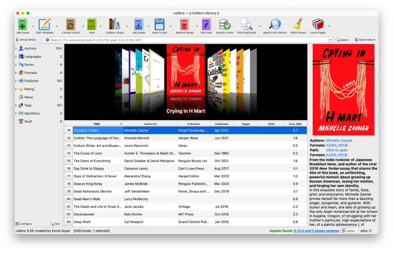 A screenshot of Calibre's library view, a with a cover art carousel that showcases each book's cover art.