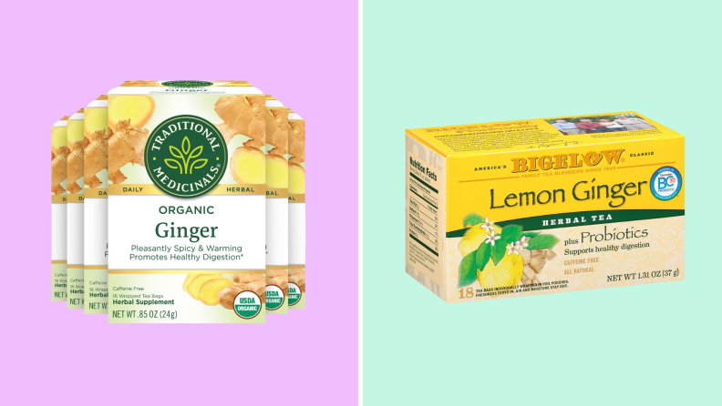 A box of Traditional Medicinals ginger tea against a lavender background on the left. A box of Bigelow Lemon Ginger tea against a light green background on the right.