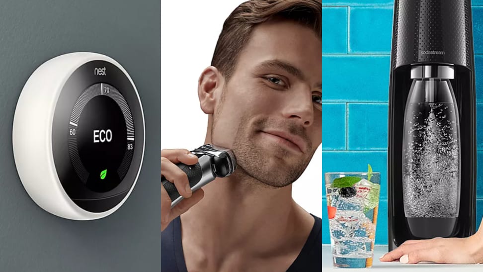 A Google Nest thermostat hangs on a wall. A person shaves their beard with a Braun electric razor. A SodaStream sits on a counter.