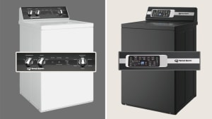Two Speed Queen washers are shown side by side—a white model with analog dials and a black model with a digital control panel—highlighting different design options and control styles.