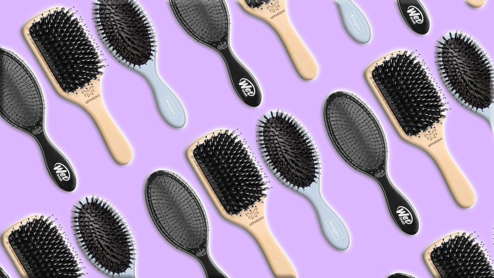 Three of the best hair brushes from Briogeo, Wet Brush, and Urtheone against a purple background.