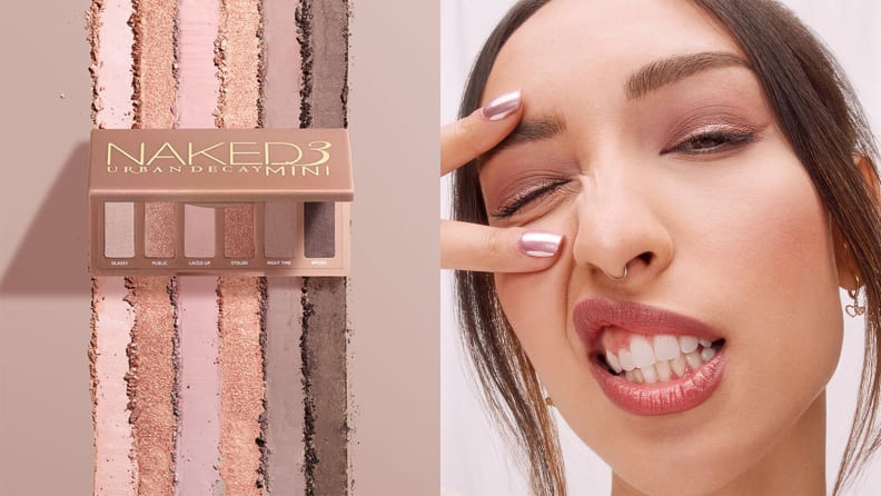 On the left: The mini Urban Decay Naked3 palette laying on a rainbow of eyeshadow swatches. On the right: A model closes her eyes to reveal rose gold eyeshadow while making a silly face.