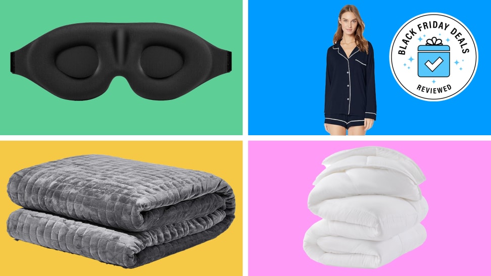 a slerep mask, women's pajamas,weighted blanket, and comforter on a colorful background