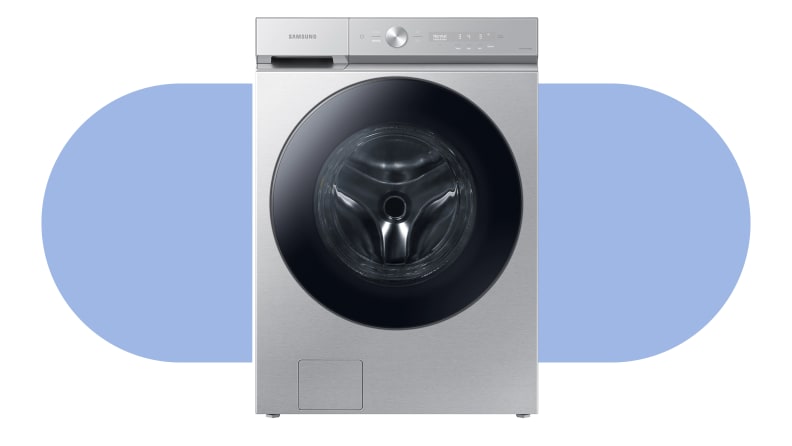 A Samsung washing machine on a blue background.