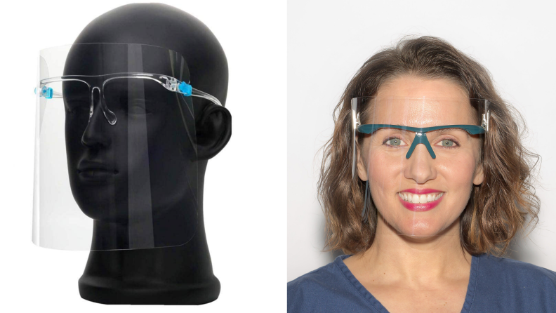 On left, black mannequin head wearing clear face shield with plastic glasses attached. On right, woman smiling wearing clip on face shield smiling.