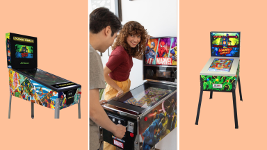 A collage featuring two pinball machines with a photo of two people playing a Marvel pinball machine.