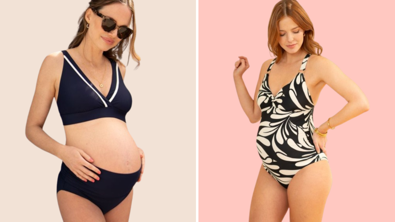 Two pregnant models wearing black and white swimsuits. One is a bikini and one is a one-piece.