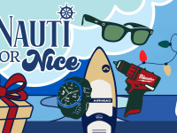 Blue stylized ocean background with "Nauti or Nice" in flowy font next to a gift box, watch, surf board, sunglasses, drill, and christmas lights