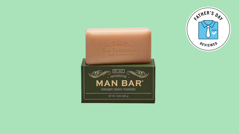 A bar of soap in a leather-look box.