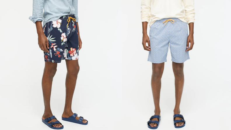 men wearing floral j. crew swim trunks