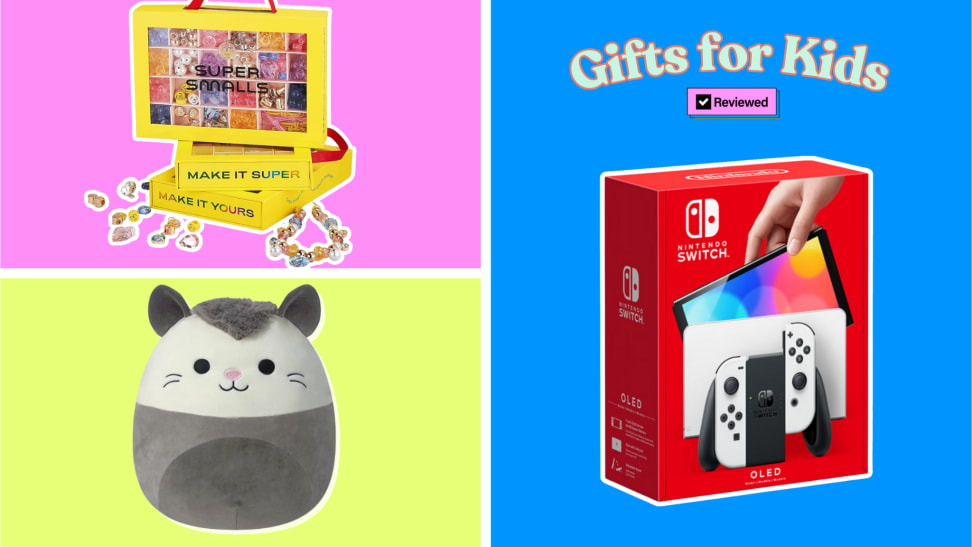 A selection of the best gifts for kids including a Nintendo Switch, a cat Squishmallow, and a Super Smalls bead kit.