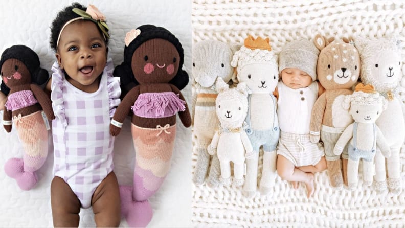 Two babies lay down with plush dolls.