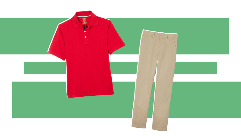 A red polo shirt and beige pants from French Toast Adaptive clothing in front of a green and white background.