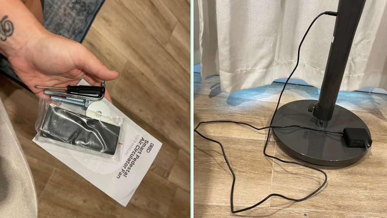 Side-by-side image of a hand holding assembly parts of the Dreo PolyFan Max S and the base of the fan with power cord unplugged.