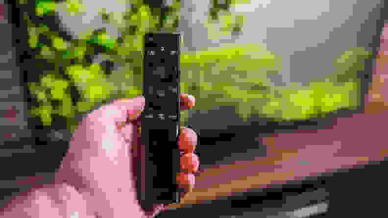 Holding the remote for the QN90A in front of its screen, which shows sunlit leaves