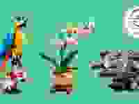 Three different LEGO playsets on a green background