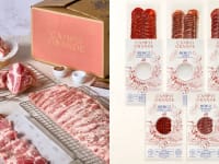 Left: racks of ribs and cuts of meat sit in front of a Campo Grande box. Right: 5 packages of charcuterie meats.
