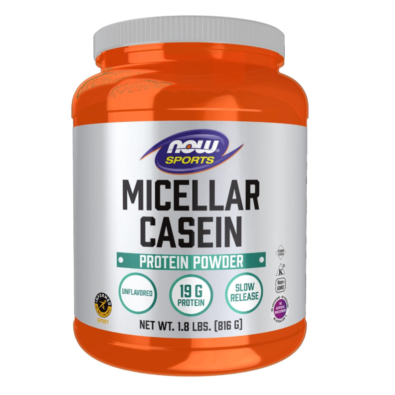 Single jug of micellar casein protein powder from Now with lid on top.