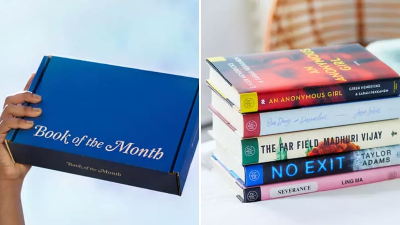 A Book of the Month subscription box and a stack of novels.