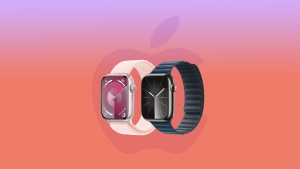 The Apple Watch Series 9, one in pink and one in black, over a multicolored background with the Apple logo.