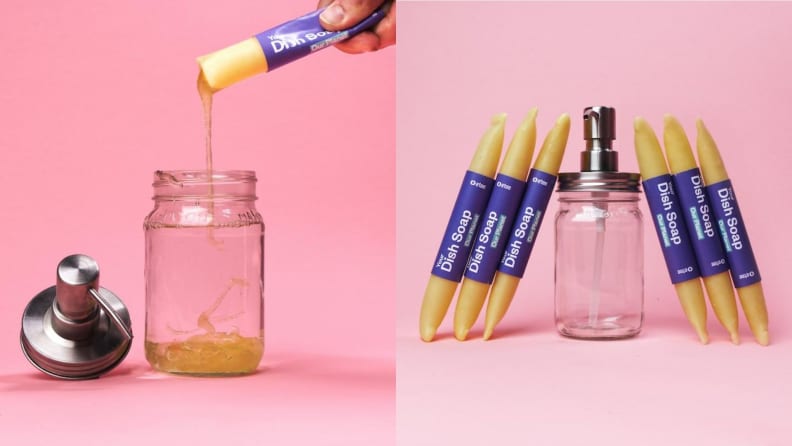 Left: A hand pours dish soap into a glass jar, with the pump lid off to the left side. Right: A glass jar is centered in the photo with beeswax packs of dish soap leaning against it on either side.