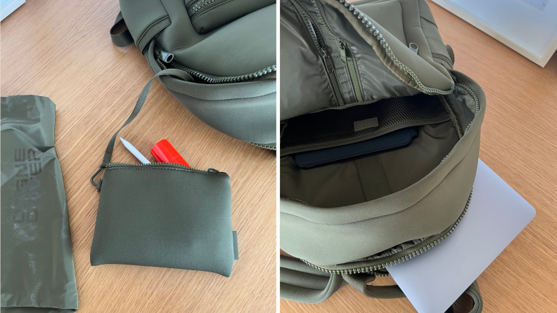 Close-up of an open green backpack. The first image shows a neoprene pouch that holds a tablet pen and perfume gun.