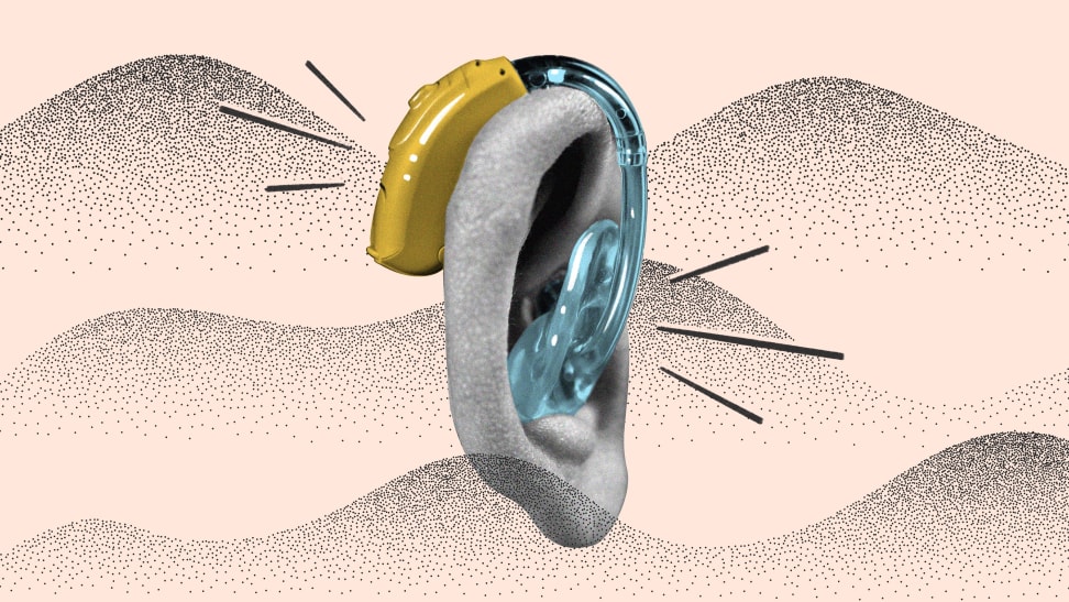 Graphic of ear with gold and blue BTE hearing aid