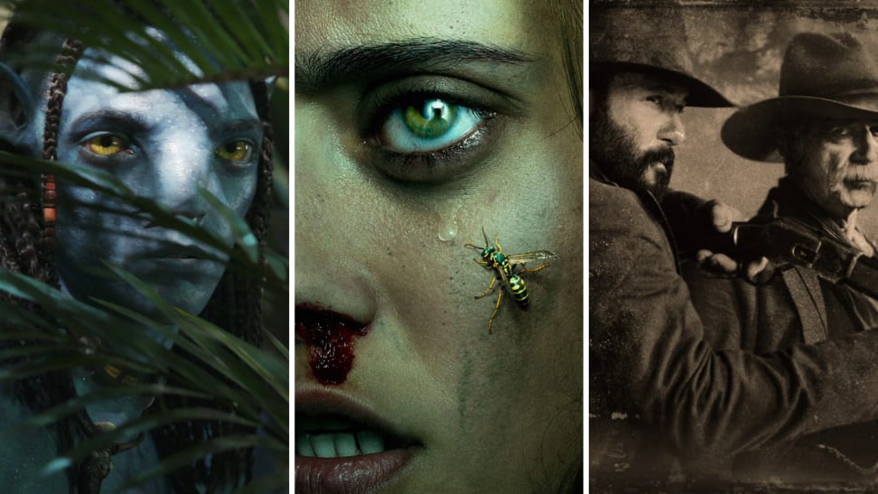 An image of a still of Jake Sully from 'Avatar: The Way of Water,' a still of Jackie from 'Yellowjackets,' and a still of the central characters from Paramount+'s '1883.'