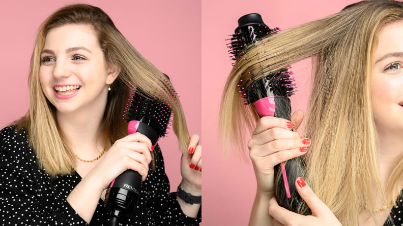 On the left: A person blow drying their hair with a dryer brush. On the right: A closeup of hair with the hair dryer brush running through it.