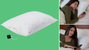 On left, white DreamPad pillow. On right person laying in bed on DreamPad pillow while using cell phone.