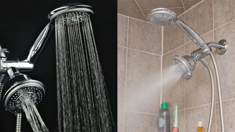 Two shower heads dispersing water in shower.