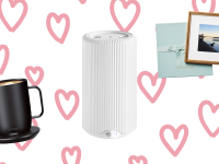 A cream Tory Burch handbag, a Brilliant Earth diamond pendant, a woman wearing a cream lululemon Scuba hoodie, a Monstera plant from The Sill, and a cream KitchenAid stand mixer