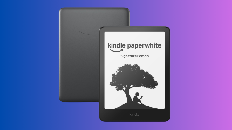A Kindle e-reader sits on a blue and purple background