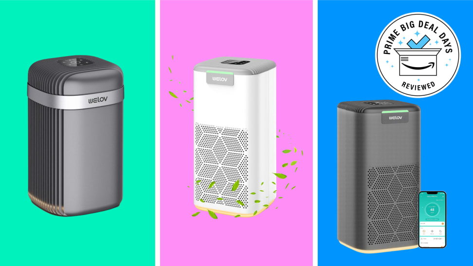 Two grey air purifiers and one white air purifier against a green, pink, and blue background.