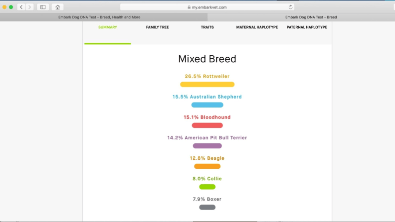 A screenshot of Embark dog DNA results