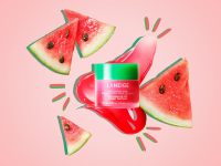 Collage of Laneige Watermelon Pop Lip Sleeping Mask surrounded by watermelon slices against a pink background