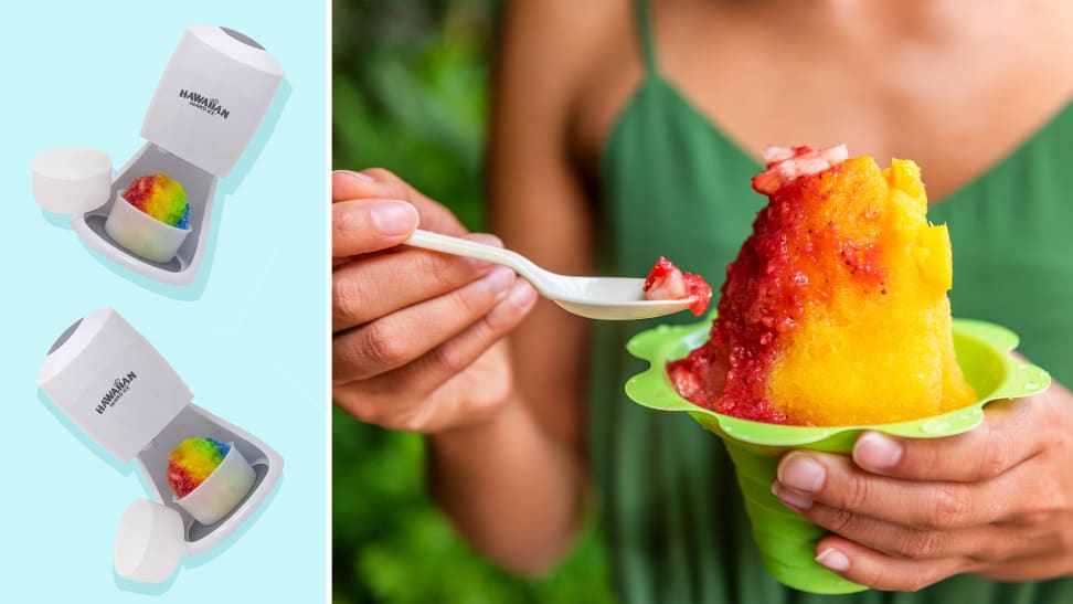 (left) Two shaved ice makers against a blue background. (right) A person takes a spoonful of shaved ice.