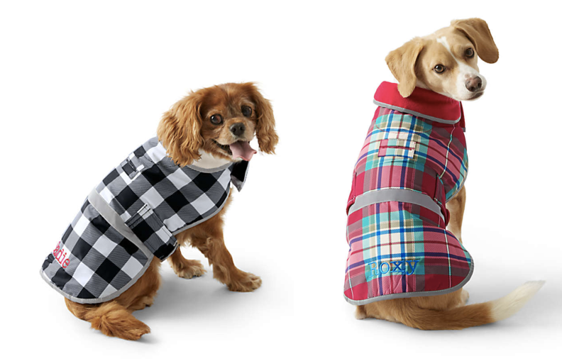 Two images of dogs in gingham coats