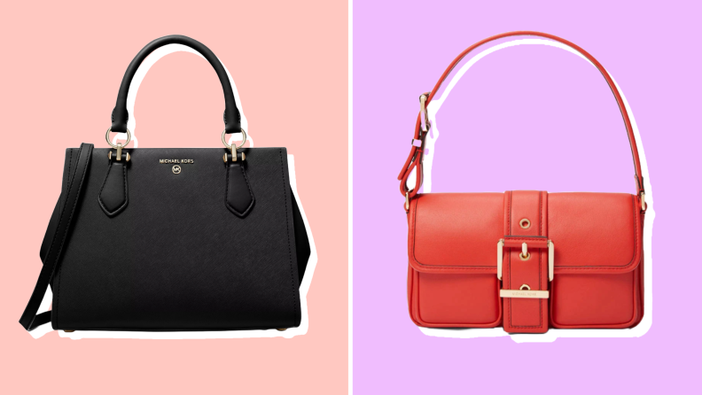 Two Michael Kors purses posed against pink and purple backgrounds