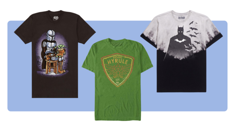 Three T-Shirts featuring designs from The Mandalorian, The Legend of Zelda, and Batman.