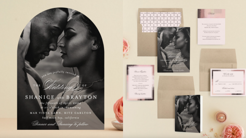 On left, couple touching noses on front of cream, black and white wedding invite. On left, wedding invitation set.