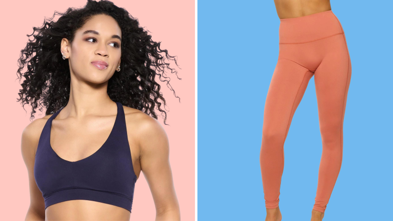 Shots of a model wearing a black bralette, and another model wearing orange leggings.