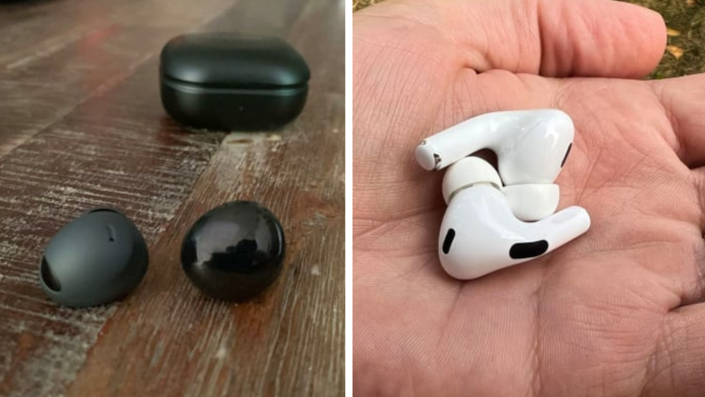 A single earbud of the Galaxy Buds 2 Pro and Galaxy Buds 2 with the 2 Pro charging case in the background on a wooden table, and a hand holding the AirPods Pro 2.