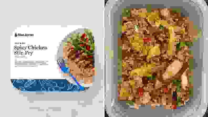 On left, Blue Apron photo of packaged Chicken Stir Fry. On right, Reviewed's photo of the chicken stir-fry after preparation, shot from above.
