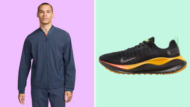 A colorful collage with a Nike shoe and a man wearing a Nike jacket.