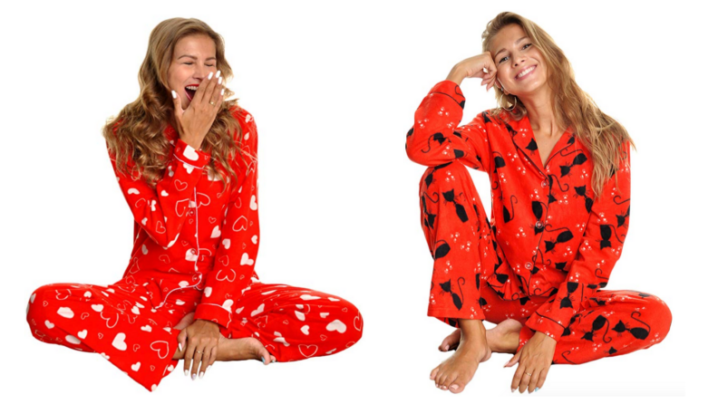 Image of two women wearing Angelina flannel pajamas. First woman is sitting cross legged and yawning, wearing a pair of red flannel pajamas with hearts. The second woman is sitting with her arm propped on her knee, wearing red flannel pajamas with cats