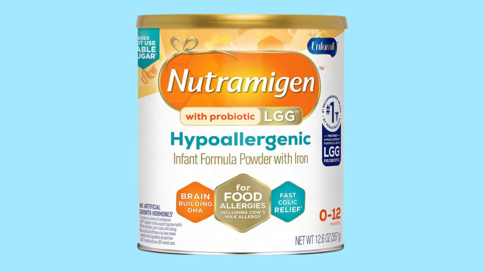 A can of the Enfamil Nutramigen that's up for recall is shown on a blue background.